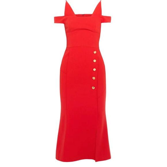 Rebecca Vallance Dress Beltran Crepe Stretch Midi Cold Shoulder Tomato Red Sz 6 - Picture 1 of 12